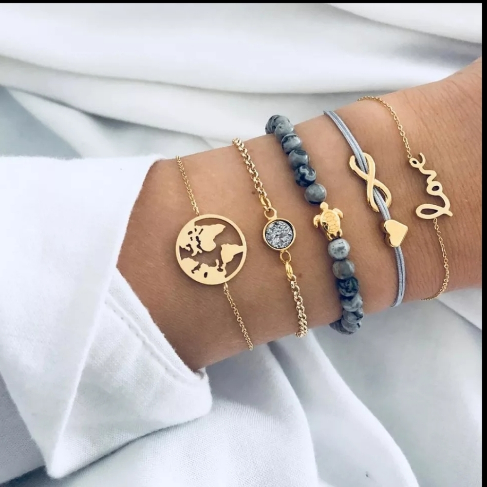 NWT 5 Piece Gray Gold Beaded Bracelets - Picture 2 of 4